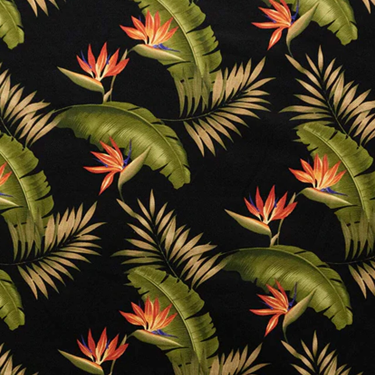 1 Yard Black Tropical Plumeria & Palm Leaf Upholstery Fabric with Bird of Paradise Design, 100% Cotton Barkcloth, 56"-58" Wide